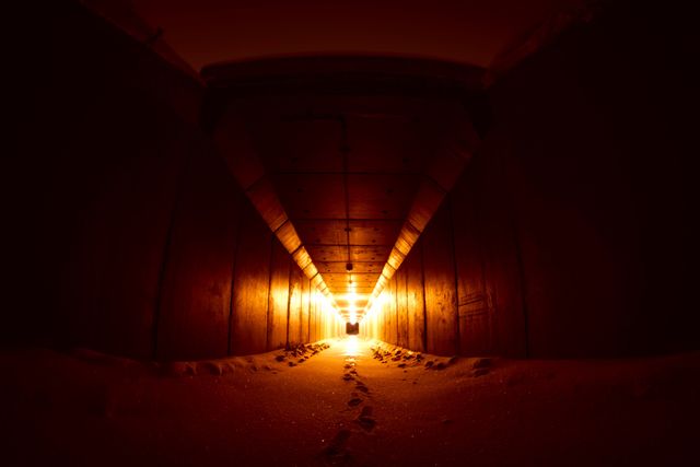 Illuminated underground tunnel with footprints leading towards a warm light at the end. Perfect for depicting themes of mystery, journey, adventure, hope, or finding one's way. Can be used in film projects, travel contexts, or motivational content emphasizing concluding paths or new beginnings.