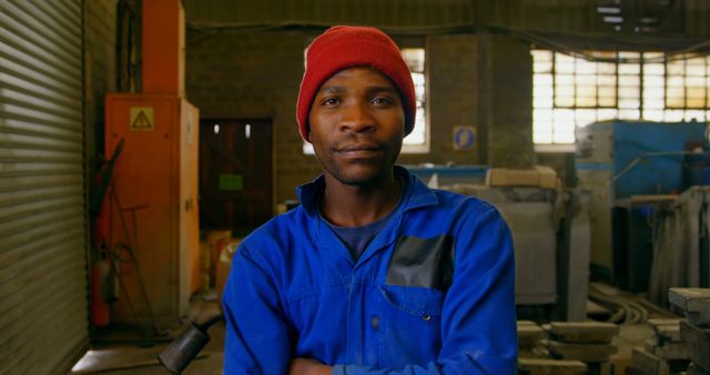 Male worker standing with arms crossed in workshop. Male worker looking at camera 4k