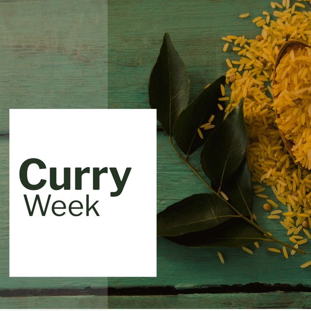 Promote Curry Week with this visually appealing image featuring yellow rice and bay leaves on a rustic table. Ideal for social media campaigns, food blogs, and event promotions. Useful for highlighting cultural events, cooking classes, and food festivals centered around Indian cuisine and flavors.
