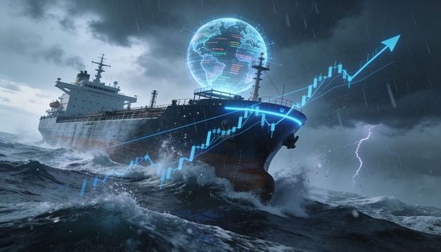 Tanker navigating stormy seas with holographic globe and rising market chart