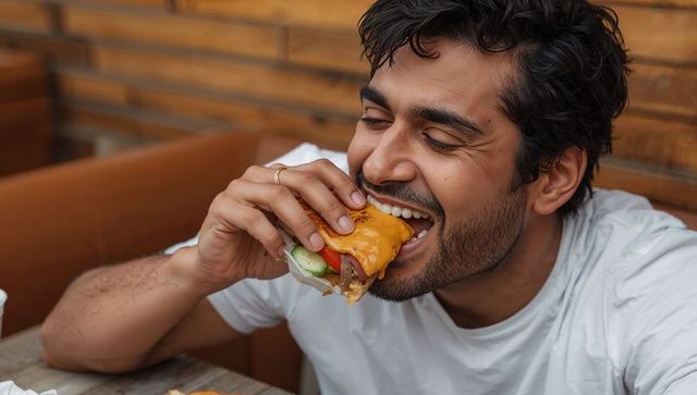 Man enjoying cheeseburger with melted cheddar in cozy wooden cafe booth, smiling