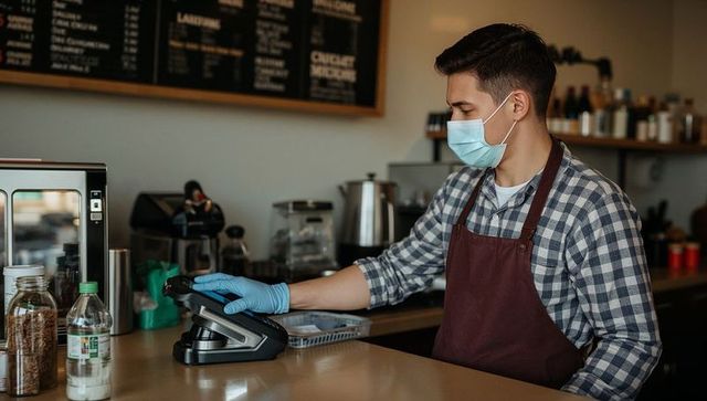 Barista processing contactless card payment wearing mask and gloves at coffee counter