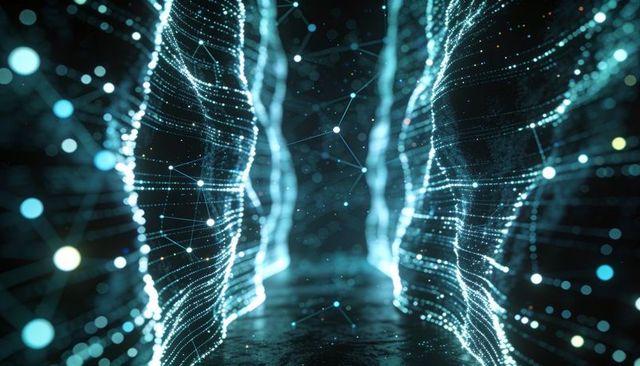 Neon data tunnel converging to vanishing point futuristic ai network stream