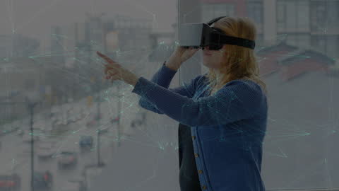Woman Using VR Headset in Office with Digital Connections Overlay
