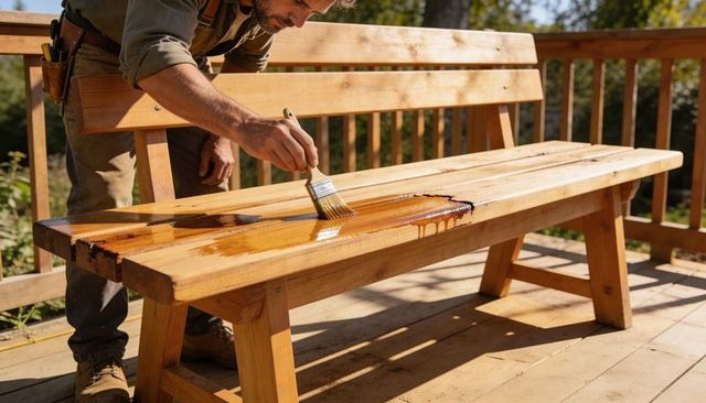 Experienced carpenter applying protective stain to wooden bench on sunlit outdoor deck