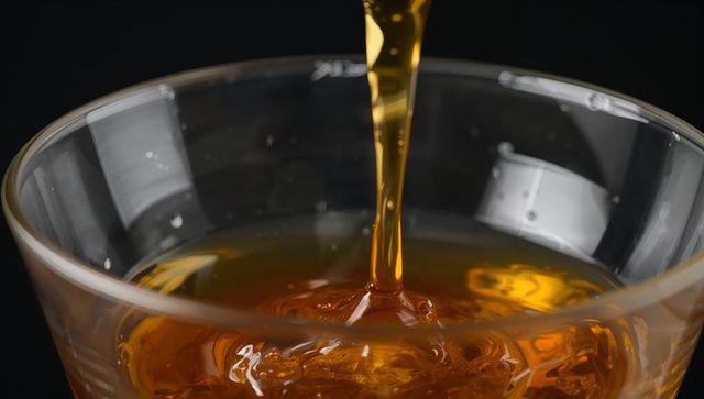 Pouring amber liquid into crystal glass forming ripples, droplets and golden reflections