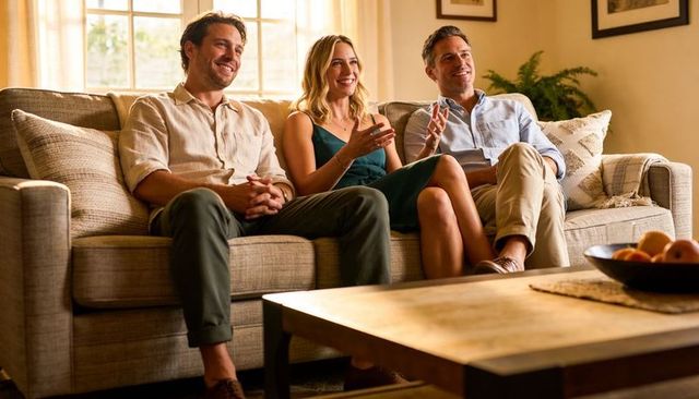Three friends chatting on cozy sofa in sunlit living room during relaxed evening