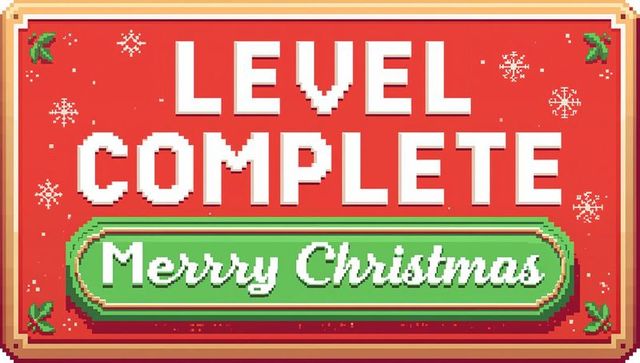 8-bit level complete merry christmas retro arcade banner pixel art holiday greeting