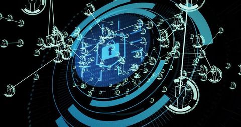 Hexagonal Padlock Network Securing Data Streams with Futuristic HUD Rings and Neon Nodes