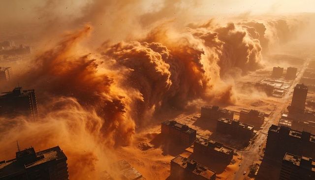 Apocalyptic sandstorm sweeping urban skyline, rooftops becoming buried in orange dust
