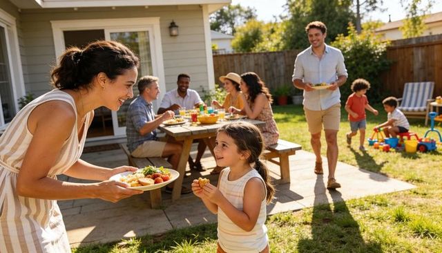 Family backyard summer gathering with mother serving plate to smiling child, outdoor meal