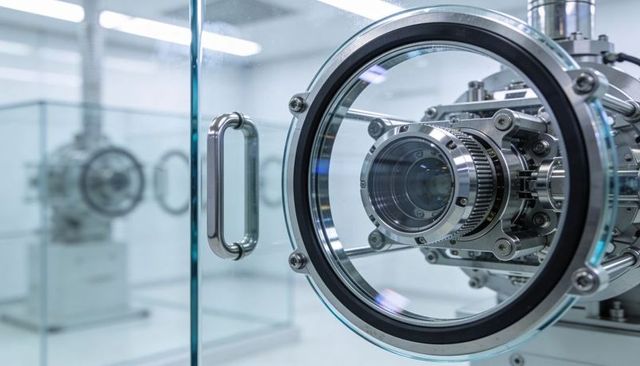 Stainless vacuum viewport with precision lens and gasket in high-tech cleanroom laboratory