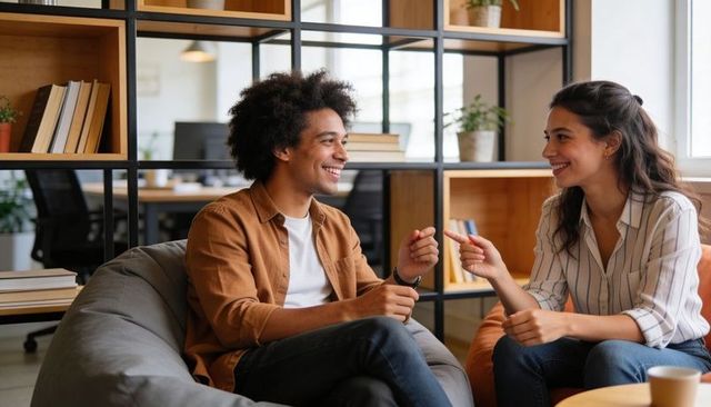 Smiling colleagues collaborating in sunlit office lounge for casual coworking conversation
