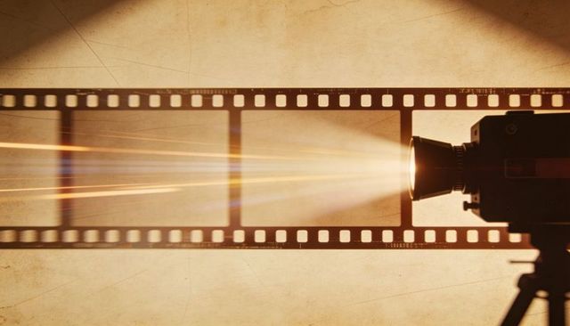 Vintage film projector casting light across 35mm celluloid strip with lens flare