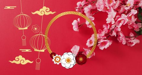 Chinese New Year Lanterns and Cherry Blossoms on Red Background