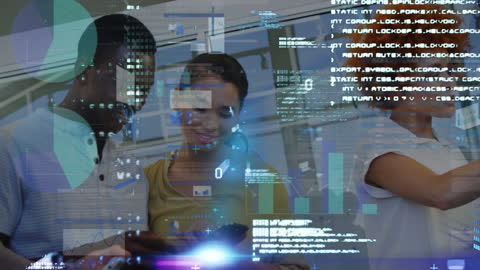 Business Team Collaborating with Digital Technology Overlay