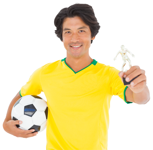 Happy Male Football Player Holding Transparent Trophy and Soccer Ball - Download Free Stock Videos Pikwizard.com