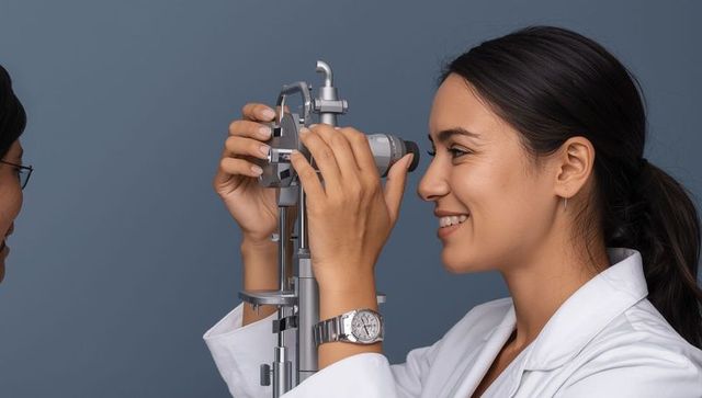 Ophthalmologist conducting eye examination with slit lamp