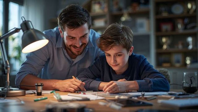 Father Helping Son with Homework at Desk Lamp Evening Learning Drawing Family Bonding