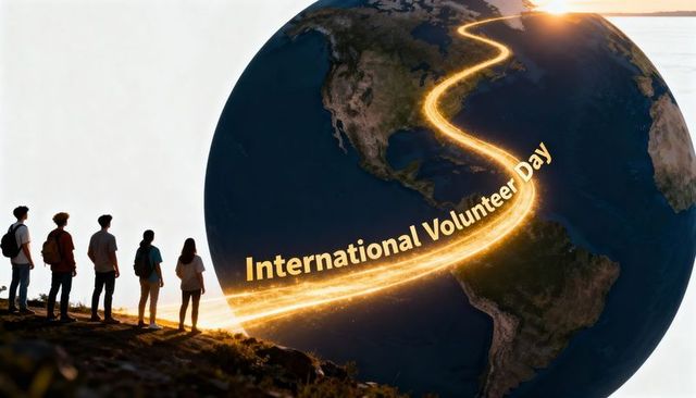 Volunteers watching glowing global path celebrating international volunteer day
