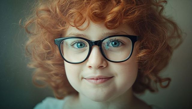 Cheerful red-haired child with glasses in studio portrait