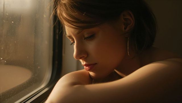 Young woman leaning on windowsill in warm golden light contemplative profile portrait