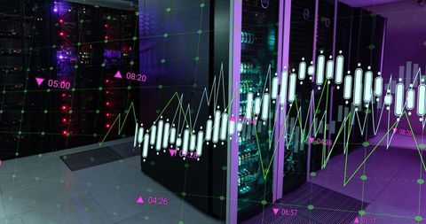 Digital finance data overlaid on server room background