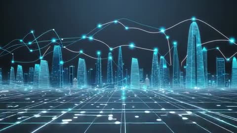 Futuristic City Skyline with Data Lines in Virtual Reality