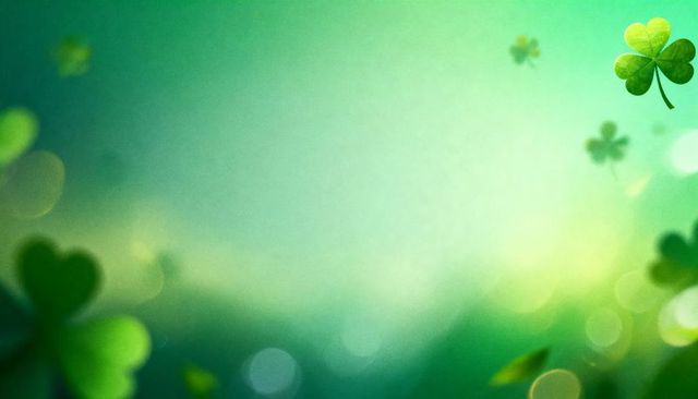 Glowing four-leaf clover over emerald bokeh backdrop with copy space for st patrick's day