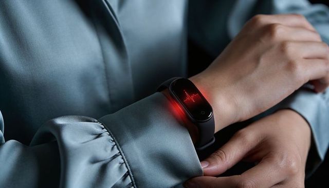 Monitoring heart rate on black smartwatch with red ecg glow and satin sleeve