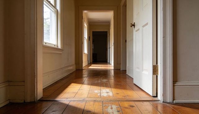 Sunlit vintage hallway with worn wooden floorboards, sash window and ajar door