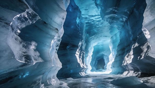 Glacial Ice Cave Tunnel Featuring Translucent Blue Arches and Layered Ice Strata