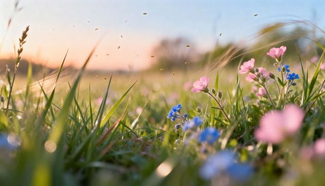 Swaying pink and blue wildflowers glowing in pastel sunrise with drifting insects at dawn