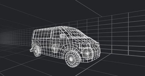 Wireframe Passenger Van CAD Render in Perspective Grid with Polygon Mesh and Edge Loops