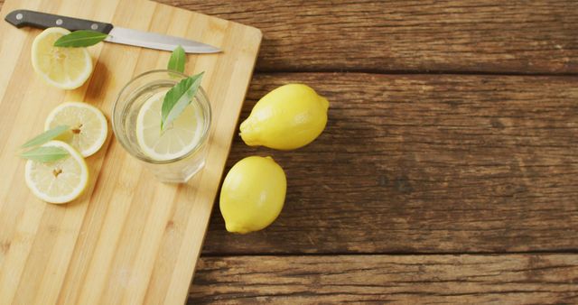 Image of glass with lemonade and lemons on wooden board and wooden surface. drinks, beverages, freshens and refreshment concept.