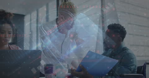 Team Collaborating with Technology Revealing Cyber Network Connections