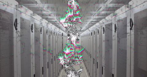 Rotating DNA in Server Room Illustrates Data and Biotechnology Fusion