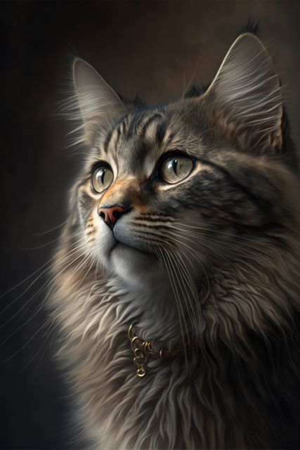 This image features a Maine Coon cat with detailed, intricate fur patterns, providing a sense of majesty and alertness. Its calm and focused expression makes it perfect for pet care brochures, animal websites, or as a decorative piece for pet lovers.