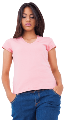 Confident Young Woman in Pink T-Shirt on a Transparent Background