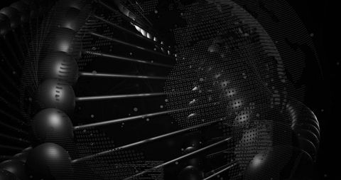 Digital dna strand with spinning globe in dark space