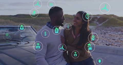 Ecology Icons Over Diverse Couple Embracing on Road Trip