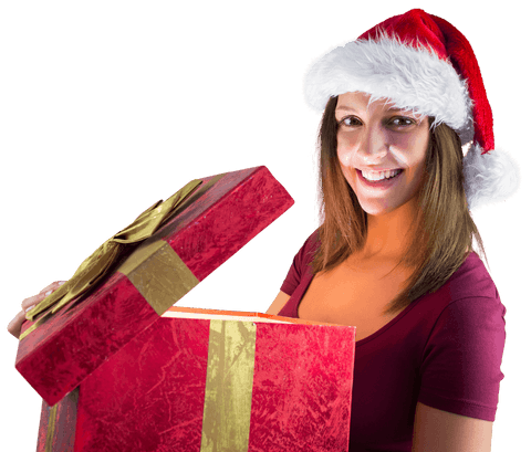 Festive Smiling Woman with Red Gift Box and Santa Hat Transparent Background