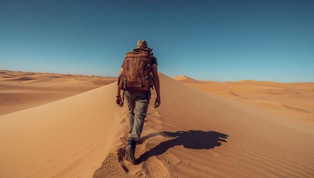 Solo hiker trekking dune ridge with rugged backpack and wide-brim hat in vast desert