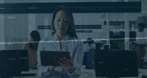 Digital Data Overlay with Business Professional in Modern Office