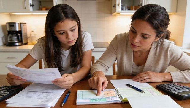Mother guiding teen daughter through household bills and planner at kitchen table