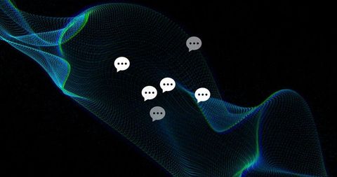 Flowing neon data wave glowing with floating chat bubbles signaling real-time digital conversation