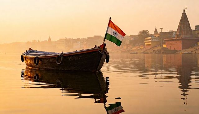 Wooden boat flying indian flag at golden hour with temple ghats and reflection