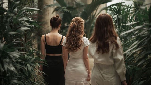 Three women walking through lush greenhouse wearing summer dress and casual outfits