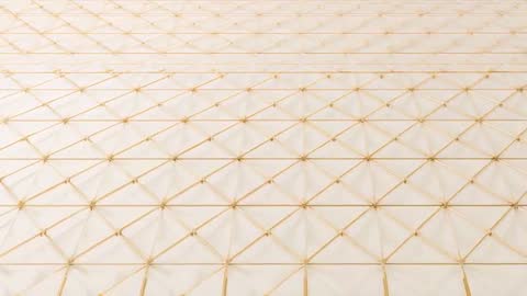 Panning camera revealing gold-node tessellated canopy and geometric lattice ceiling