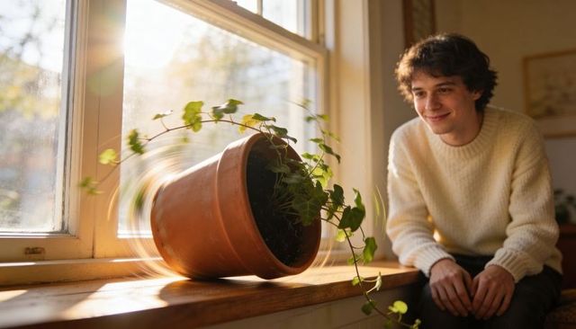 Young man watching terracotta pot spinning on cozy sunlit windowsill with spilling ivy